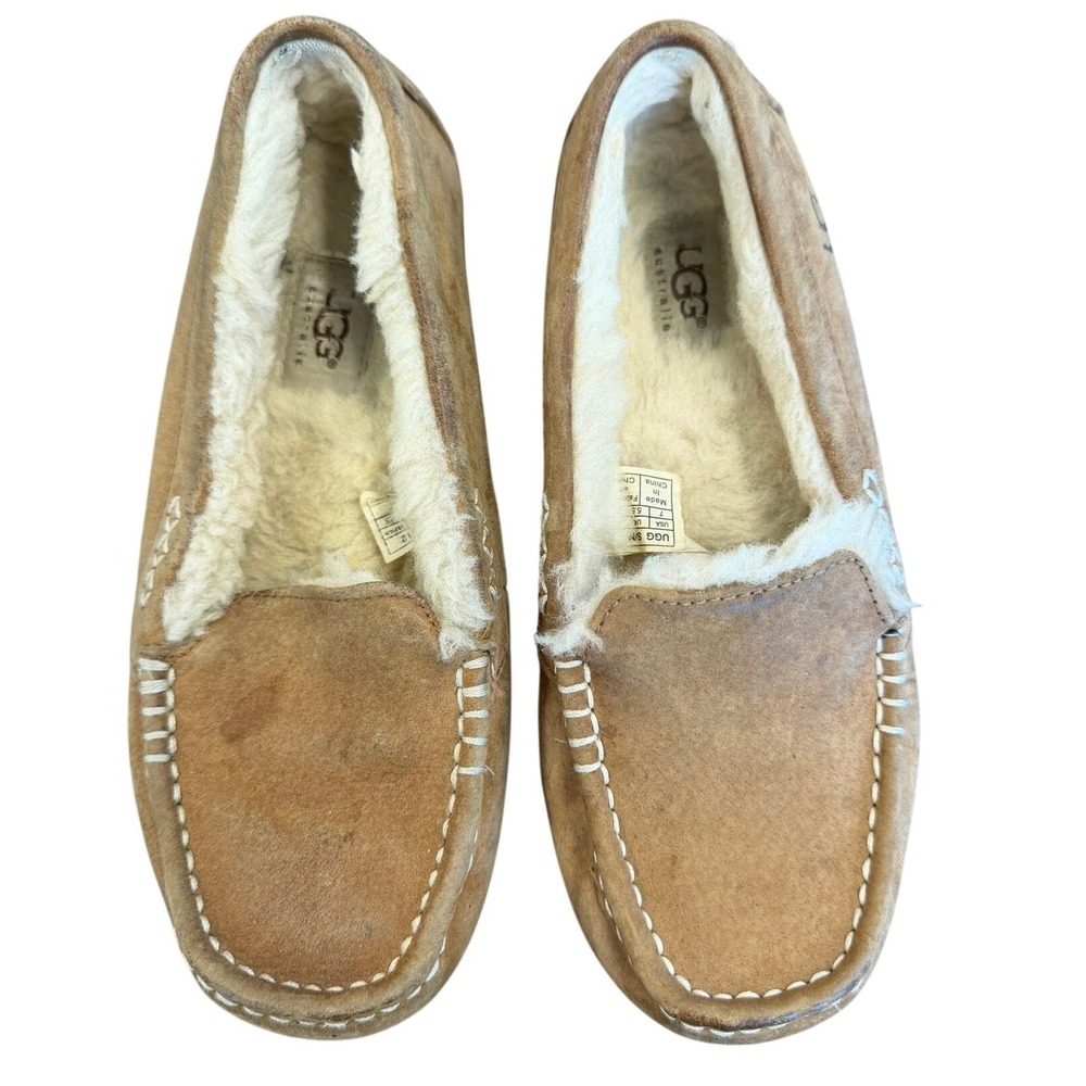 UGG‎ Australia Ansley Chestnut Suede Sheepskin Moccasin Slippers Womens 7 3312